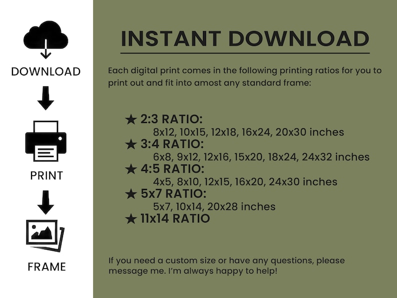 Puede incluir: Un fondo verde con texto blanco que dice "INSTANT DOWNLOAD". El texto explica que cada impresi&oacute;n digital viene en las siguientes proporciones de impresi&oacute;n: 2:3, 3:4, 4:5, 5x7 y 11x14. El texto tambi&eacute;n enumera los diferentes tama&ntilde;os disponibles para cada proporci&oacute;n en pulgadas.