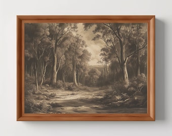 Forest Landscape Painting | Moody Wall Art, Antique Room Decor, Vintage Woodland Drawing, Brown Dark Artwork, Digital Download, Printable