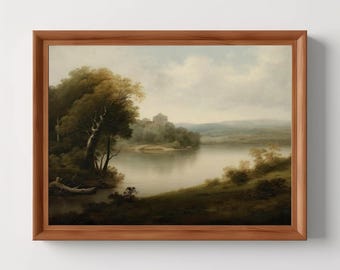 Schloss am Nebligen See | Vintage Seelandschaft, große Küsten Wohnzimmer Wand Kunst Druck, digitaler Download, DRUCKBAR