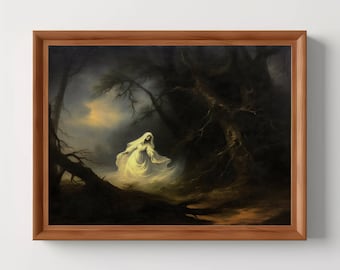 Ghost In Forest | Halloween Print, Ghost Wall Art, Spooky Horror Decor, Antique Oil Painting, Vintage Aesthetic, Digital Download, Printable