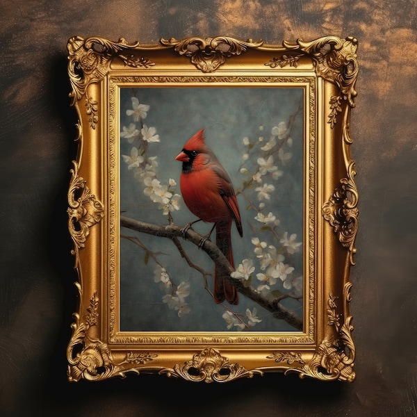 Red Cardinal | Sakura Painting, Cherry Blossom Tree, Dark Academia, Vintage Aesthetic, Antique Oil Painting, Digital Download, Printable