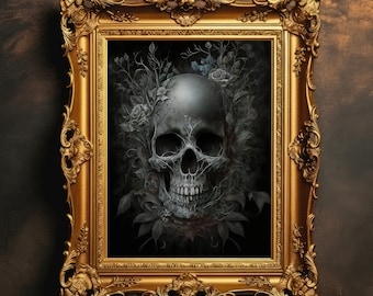Skull Flowers | Dark Academia, Antique Illustration, Vintage Art, Dark Wall Art, Home Room Decor, Goth Cottagecore, Digital Download