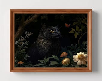 Black Cat | Dark Botanical Cottagecore Art, Moody Floral Painting, Goth Wall Art, Dark Academia, Witchy Artwork, Digital Download, PRINTABLE