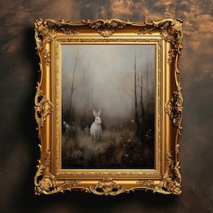 Vintage White Bunny | Forest Landscape, Antique Oil Painting, Dark Academia, Moody Wall Art, Country Nursery, Digital Download, Printable