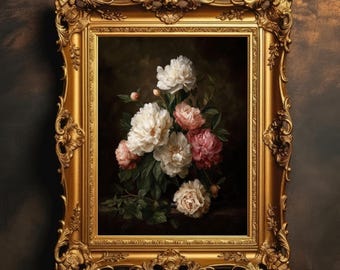 May include: A framed floral painting featuring a bouquet of white and pink peonies. The artwork is set within an ornate, gold-colored frame with detailed carvings, against a dark background.
