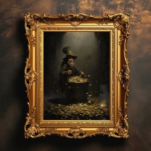 Puede incluir: Una pintura en un marco dorado representa a un hombre con un sombrero y una túnica verdes, rodeado de monedas de oro. Está sosteniendo un cubo lleno de monedas. La escena está iluminada por una sola fuente de luz, proyectando sombras en las paredes.