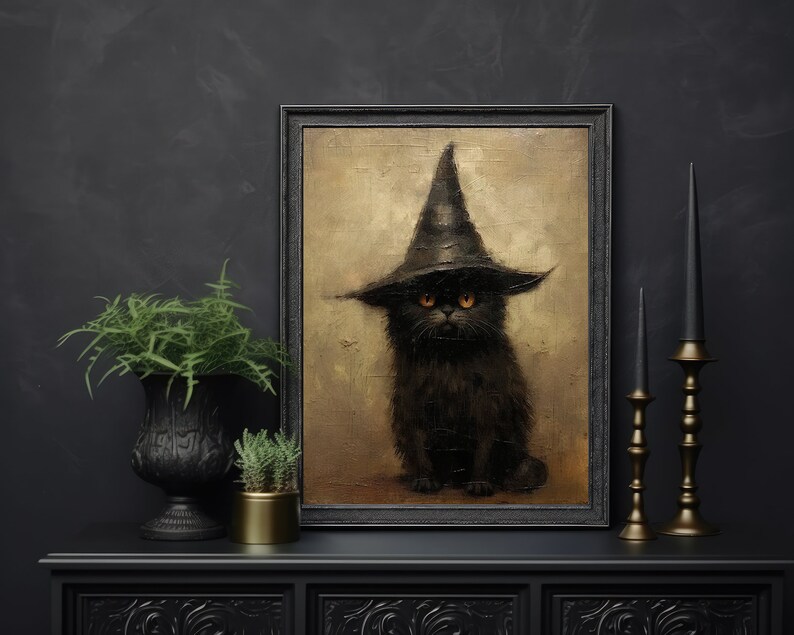 May include: A black cat wearing a witch's hat with a pointed top and a wide brim. The cat has yellow eyes and is sitting on a brown background. The image is framed in black.
