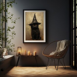 May include: A black cat wearing a black witch's hat with a pointed top. The cat has bright yellow eyes and is sitting in a painting with a brown background.
