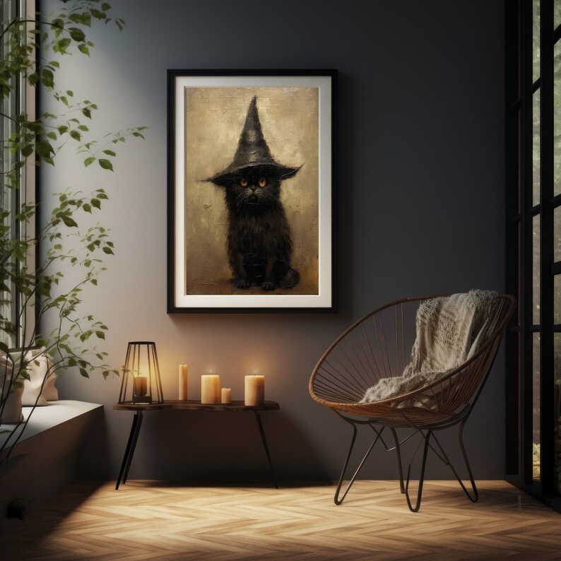 May include: A black cat wearing a black witch's hat with a pointed top. The cat has bright yellow eyes and is sitting in a painting with a brown background.