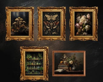 Dark Academia Gallery Wall Art | Set of 5, Dark Moody Wall Art, Gothic Cottagecore Home Decor, Botanical Artwork Prints, Digital Download