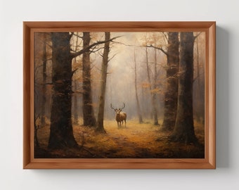 Stag in the Woods | Deer Painting, Vintage Oil Painting, Antique Aesthetic, Moody Fall Forest Decor, Digital Download, PRINTABLE