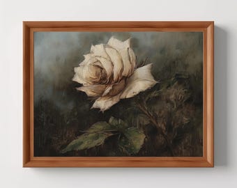Vintage Rose Oil Painting | Antique Floral Wall Art, Dark Academia Botanical Decor, Moody Flower Print, Dark Cottagecore, Digital Download