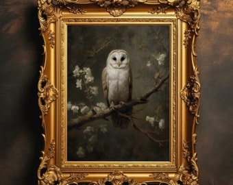 White Owl Perched | Dark Academia, Wildlife Wall Art, Witch Room Decor, Farmhouse Decor, Antique Oil Painting, Printable, Digital Downlaod