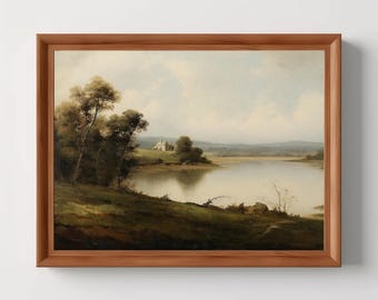 Idyllic Lakeside Setting | Rural Cottage House Decor, Serene Country Landscape, Moody Wall Art, Digital Download, PRINTABLE