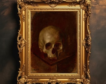 Vintage Skull Print | Gothic Painting, Dark Academia, Moody Wall Art, Halloween Decor, Memnto Mori, Antique Oil Painting, Digital Download