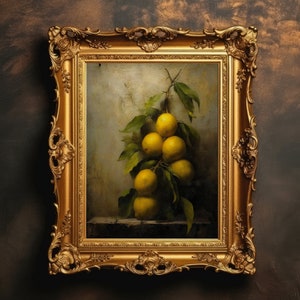 Lemon Still Life | Dark Academia, Victorian Interior Decor, Vintage Fruit Painting, Rustic Lemon Wall Art, Vintage Decor, Digital Download