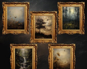 Vintage Nature Gallery Wall Art | Set of 5, Forest Waterfall Botanical Paintings, Moody Wall Art, Digital Download, PRINTABLE