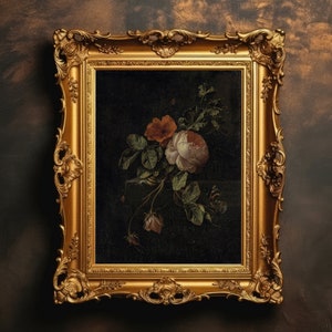 Moody Vintage Flower Print | Dark Academia, Dark Floral Still Life, Antique Oil Painting, Digital Download, Printable