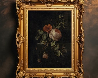 Moody Vintage Flower Print | Dark Academia, Dark Floral Still Life, Antique Oil Painting, Digital Download, Printable