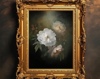 Moody White Peony Floral Print | Dark Academia Botanical Wall Art, Vintage Flower Painting, Cottagecore Decor, Digital Download PRINTABLE