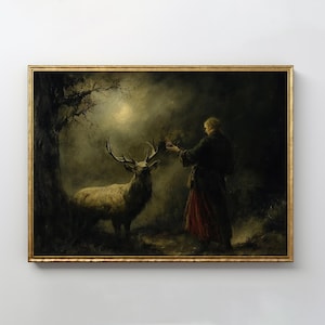 Deer Encounters Man Print | Vintage Oil Painting, Classical Romantic Art, Gothic Room Decor, Moody Wall Art, Digital Download, PRINTABLE