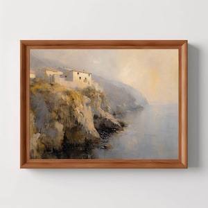 European Cliffside | Coastal Landscape, Warm Tone Vintage Wall Art, Antique Oil Painting, Moody Room Decor, Digital Download, Printable