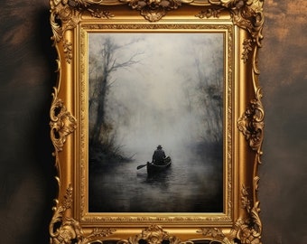 Man Rowing Boat | Dark Academia, Foggy Landscape, Vintage Oil Painting, Misty Lake Scenery, Moody Wall Art, Digital Download, PRINTABLE