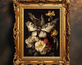Mörk barock malkonst | Dark Academia, gotiskt blomstilleben, stämningsfullt botaniskt tryck, Dark Cottagecore, digital nedladdning, UTSKRIVBAR