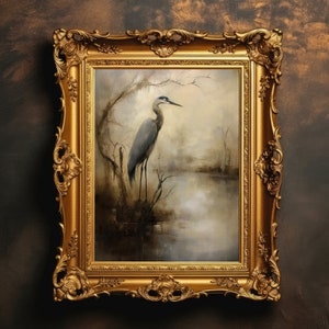 Heron | Bird Wall Art, Rustic Home Decor, Vintage Wall Art, Antique Oil Painting, Farmhouse Decor, Cottagecore, Digital Download, PRINTABLE