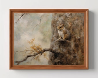 Tree Squirrel Art Print | Rustic Decor, Cottagecore Print, Forest Decor, Moody Wall Art, Vintage Oil Painting, Digital Download, PRINTABLE