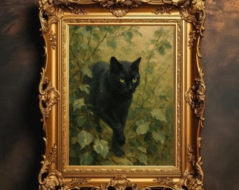 Black Cat in Forest | Dark Academia Gothic Animal PRINTABLE, Vintage Oil Painting Style, Moody Halloween Wall Art, Digital Download