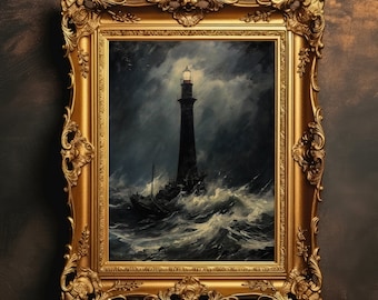 May include: A framed oil painting of a lighthouse in a stormy sea. The lighthouse is tall and black with a white light at the top. The sea is dark and choppy with white waves.
