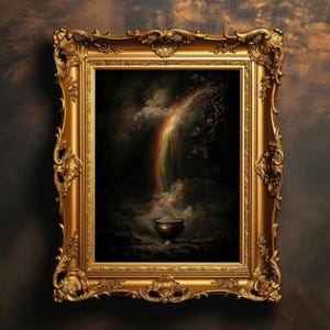 May include: Ornate gold framed artwork featuring a rainbow descending into a pot of gold. The painting has a dark, dramatic sky with clouds and a tree branch. The frame is highly detailed with decorative carvings.