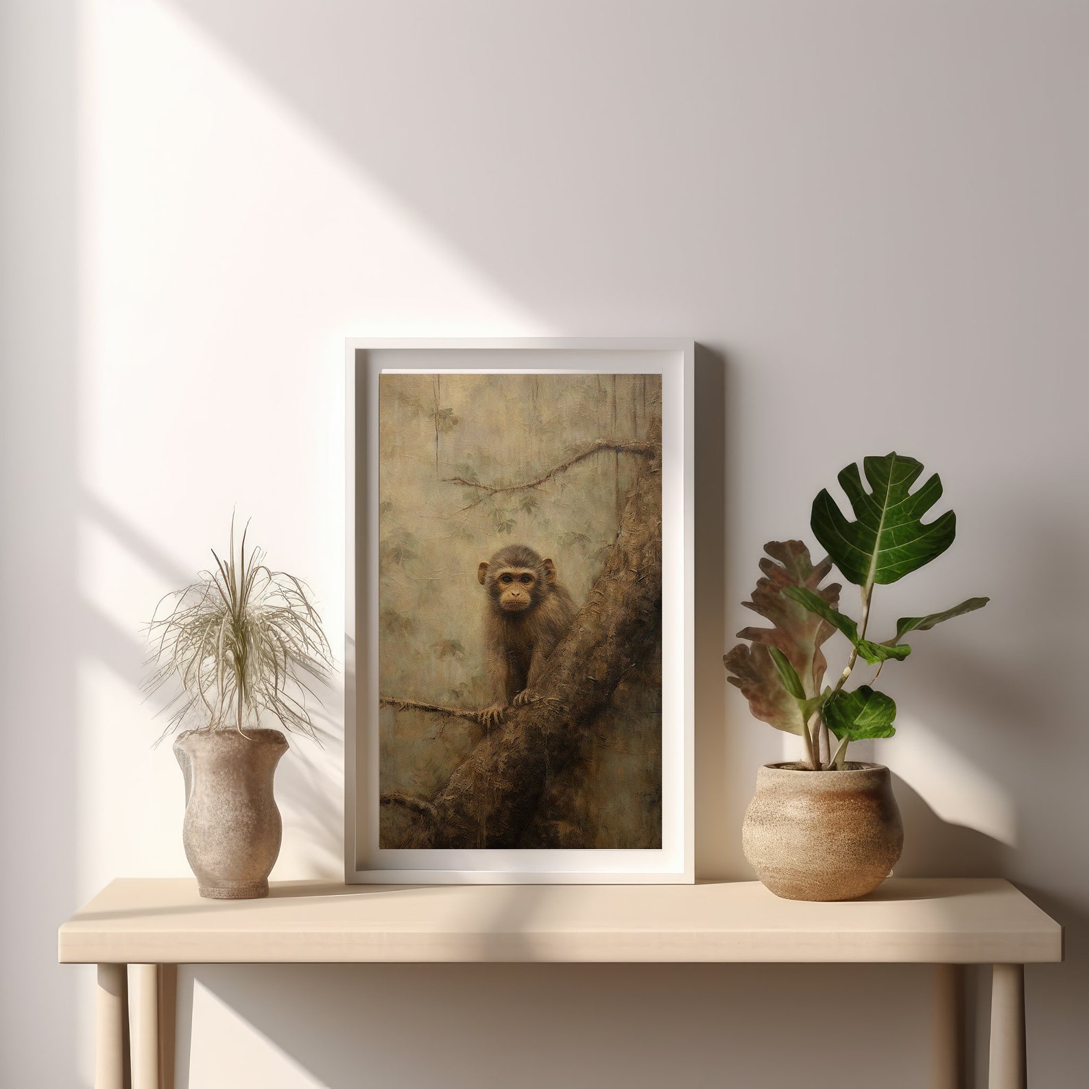 Monkey Perched on Tree Branch | Vintage Oil Painting, Antique Aesthetic ...