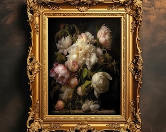 Peony Flowers | Vintage Wall Art, Dark Cottagecore Print, Botanical Decor, Floral Design, Antique Aesthetic, Dark Academia, Digital Download