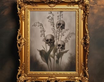 Kwiaty Czaszki | Dark Academia Decor, Gotycka Sztuka Ścienna, Wystrój Pokoju Wiedźmiego, Makabryczny Gotycki Wydruk Sztuki, Ciemny Obraz Cottagecore, Pobieranie Cyfrowe
