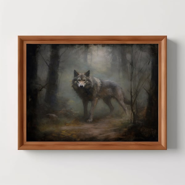 Wolf Woods | Dark Academia, Dark Cottagecore Decor, Vintage Prints, Antique Oil Painting, Whimsical Animal Wall Art, Digital Download Print