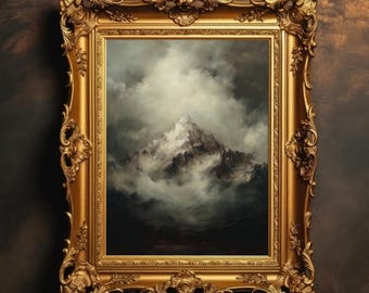Misty Mountain Peak | Vintage Landscape Oil Painting, Dark Academia Wall Art, Moody Rustic Nature PRINTABLE Digital Download