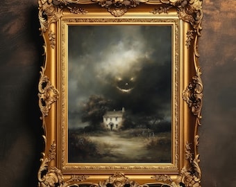 Spuk Bauernhaus | Gothic Halloween DRUCKBAR, Dark Academia Moody Ölgemälde Stil, Gruselige Vintage gruselige Wandkunst Digitaler Download