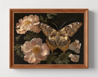 Botaniskt nattfjärilkonsttryck | Vintage blommig mörk akademisk dekor, stämningsfull fjärilsmålning, gotisk naturväggkonst, digital nedladdning