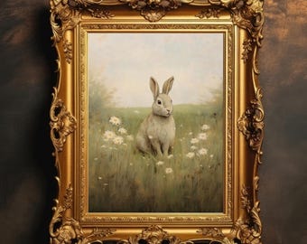 Stampa artistica di coniglietto primaverile / dipinto di coniglio pasquale, decorazione per cameretta dei bambini in stile bosco, arte murale Cottagecore, stampa di fattoria, download digitale, STAMPABILE
