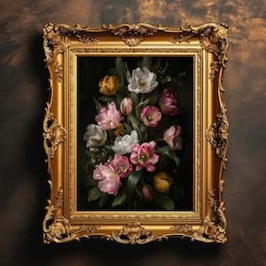 Victorian Tulip Bouquet | Vintage Floral Art Print, Dark Cottagecore, Moody Flower Painting, Gothic Wall Decor, Digital Download