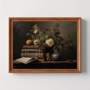 Books Flowers Still Life | Dark Academia Prints, Moody Wall Art, Dark Cottagecore, Vintage Aesthetic, Antique Oil Painting, Digital Download