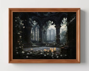 Gothic Ruins Art | Dark Academia, Romantic Garden Print, White Roses Wall Art, Dark Cottagecore, Overgrown Architecture, Digital Download