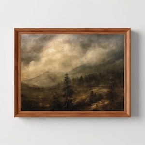 Hazy Mountain Landscape | Vintage Oil Painting, Moody Wall Art, Dark Rustic Forest Print, Muted Home Decor, Digital Download, PRINTABLE