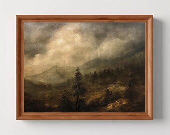 Hazy Mountain Landscape | Vintage Oil Painting, Moody Wall Art, Dark Rustic Forest Print, Muted Home Decor, Digital Download, PRINTABLE