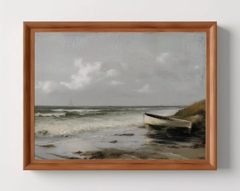 Zeegezichtboot | Gedempte vintage kustprint, zomerdecor, nautische golven, humeurige muurkunst, digitale download, afdrukbaar