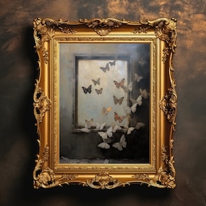 Butterflies Window | Vintage Aesthetic, Antique Oil Painting, Dark Academia, Dark Cottagecore Wall Art, Moody Printable, Digital Download