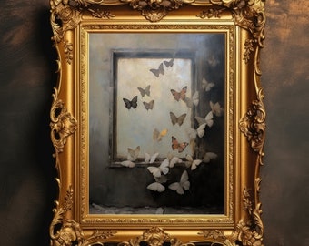 Butterflies Window | Vintage Aesthetic, Antique Oil Painting, Dark Academia, Dark Cottagecore Wall Art, Moody Printable, Digital Download