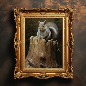 May include: A framed painting depicting a grey squirrel perched on a tree stump. The squirrel is looking to the left, and the background is a dark green woodland.